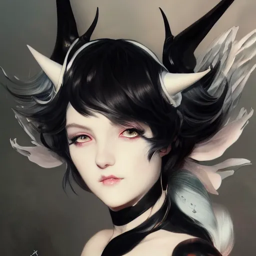 Prompt: a beautiful anime girl wtih balck horns and bat wings,white hair,full body painting,by Greg Rutkowski and Ilya Kuvshinov and Alphonse Maria Mucha,super clear detailed,hyper realistic,trending on artstation,8k