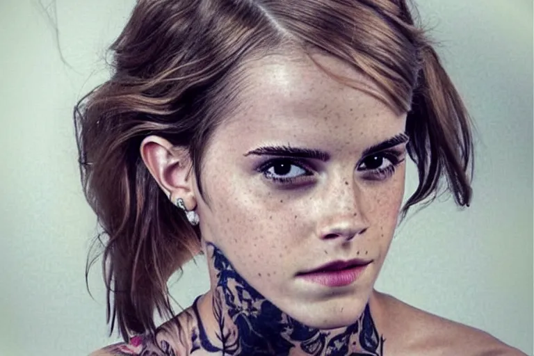 Image similar to emma watson, dope tattoo, hyperrealistic