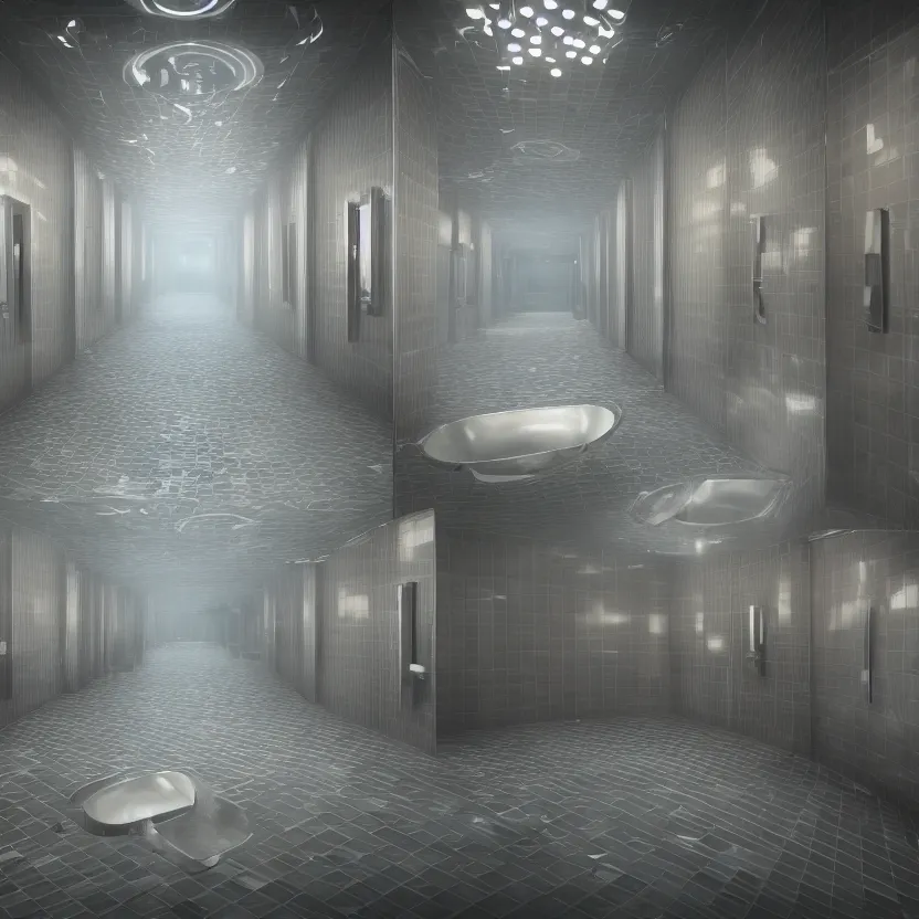 Image similar to an infinite restroom with many stalls and sinks, cinematic lighting, volumetric lighting, award winning photography, highly detailed, intricate, sharp focus, 4 k wallpaper, unreal engine, 9 0 mm, f / 1. 4