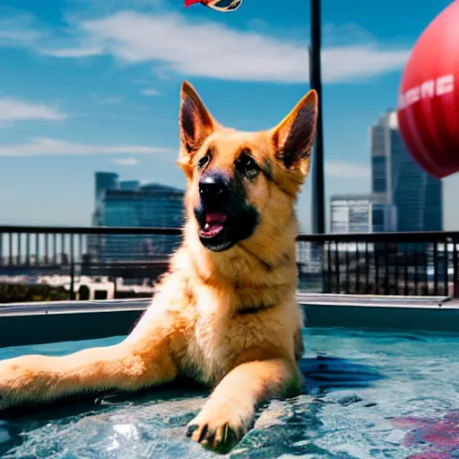 Prompt: a swanky gsd puppy relaxing at a swanky pool on a swanky penthouse rooftop with a futuristic blimp anchor in the background, 8K, 4K, photorealistic, ultrarealistic, UE5, Octane, 3D, digital art, RTX, Ray Tracing, Bokeh, happening vibe