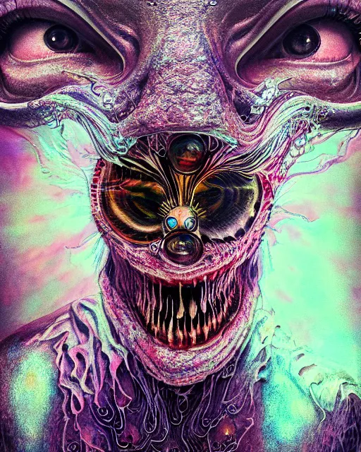 Image similar to realistic portrait of a creature experiment gone wrong, psychedelic, dark art, facing camera, photo realistic, detailed, 1 4 5 0, delicate, hyper realism, ultra realistic, 8 k