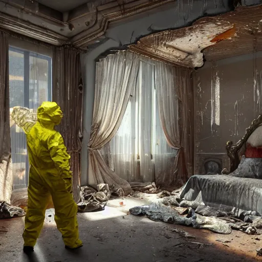 Prompt: hazmat team removes crusty stained stiff sock from messy bedroom, digital art, cosmic, 3 d high definition, trending on artstation, photorealistic, high resolution, vray, 8 k, octane, trending on, hdr, hyper detailed, insane details, intricate, elite, ornate, elegant, unreal engine