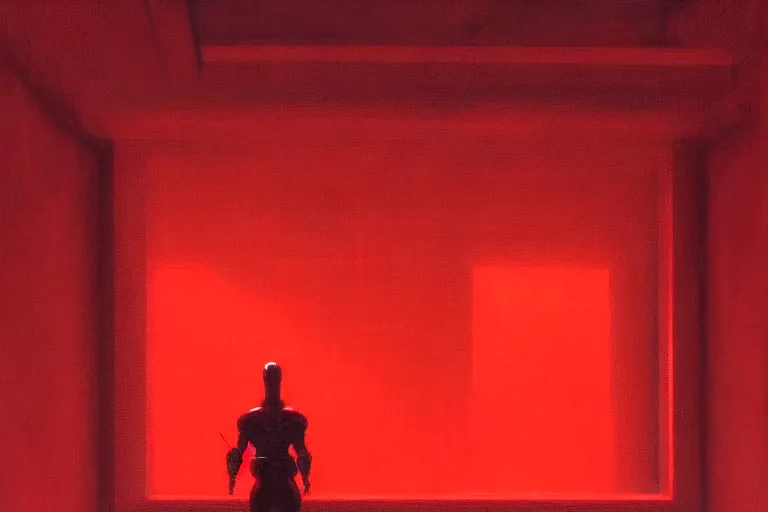 Image similar to only with red, a red samurai humanoid, tokio futuristic in background, yokai, in the style of beksinski, parts by edward hopper, parts by rodcenko, parts by yue minjun, intricate and epic composition, red by caravaggio, insanely quality, highly detailed, masterpiece, red light, artstation, 4 k