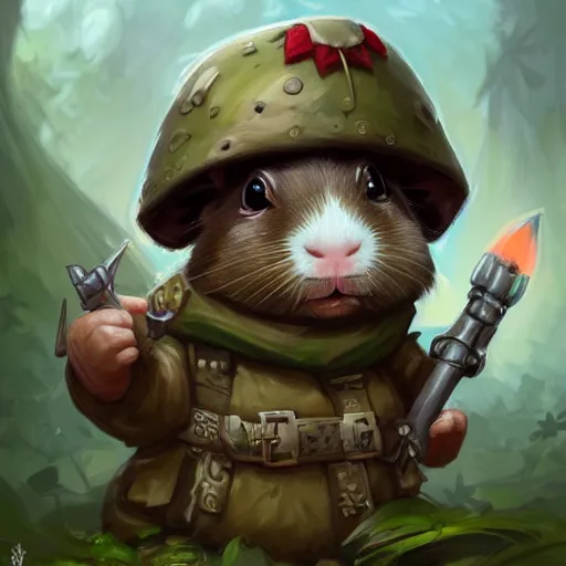 Image similar to cute little anthropomorphic Guinea Pig Soldier, ultra wide lens shot , tiny, small, Jungle camouflage, short, cute and adorable, pretty, beautiful, DnD character art portrait, matte fantasy painting, DeviantArt Artstation, by Jason Felix by Steve Argyle by Tyler Jacobson by Peter Mohrbacher, cinematic lighting