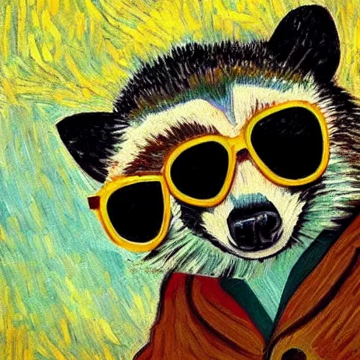 Prompt: an award winning painting of a cute raccoon wearing sunglasses, in the style of van gogh