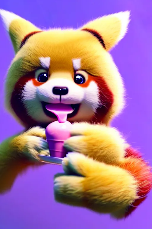 Image similar to high quality 3 d render hyperrealist very cute pastel fluffy red panda & koala hybrid stuffing mouth with ice cream, vray smooth, in the style of detective pikachu, very dramatic light, low angle, uhd 8 k, shallow depth or field