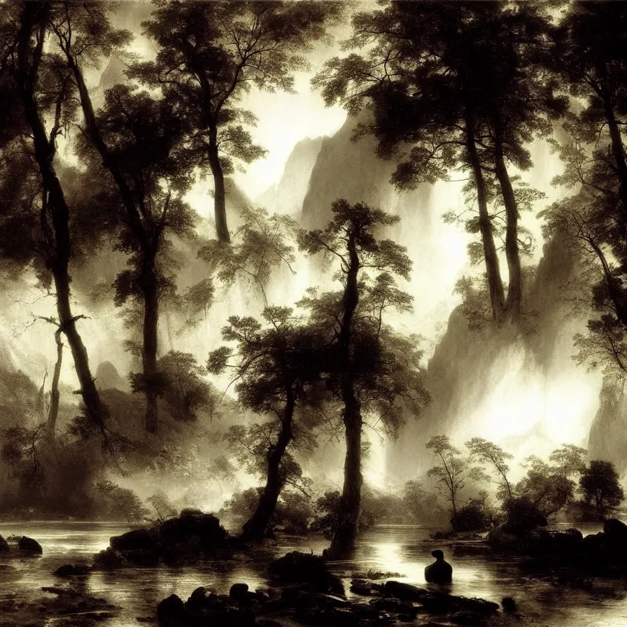Prompt: artwork titled :'alone in the world ', painted by thomas moran and albert bierstadt. monochrome.