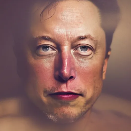 Image similar to photographic portrait by Annie Leibovitz of elon musk in a hot tub, closeup, foggy, sepia, moody, dream-like, sigma 85mm f/1.4, 15mm, 35mm, 4k, high resolution, 4k, 8k, hd, full color