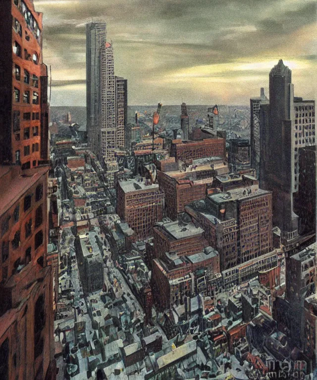 Prompt: horrifying full color photorealistic painting of the view from a 1 9 2 5 hotel terrace balcony overlooking a warped view of downtown 1 9 2 5 boston with a cosmic sky, dark, atmospheric, brooding, smooth, finely detailed, cinematic, epic, in the style of dave dorman
