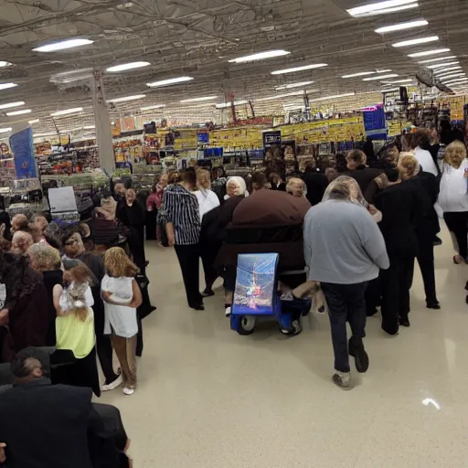 Prompt: A funeral inside a Walmart, dramatic photo