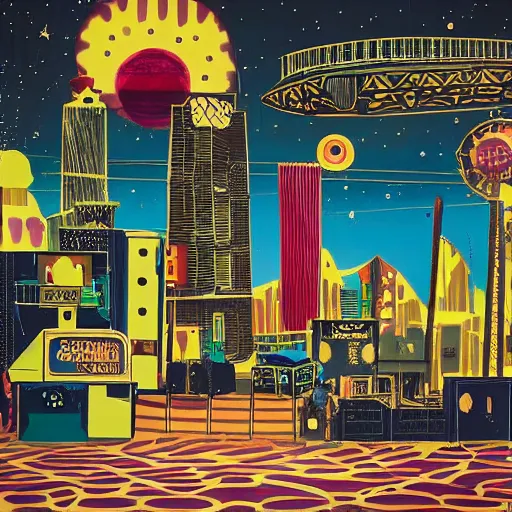 Prompt: a stage backdrop designed by wes andersen for play based set in a solar punk city