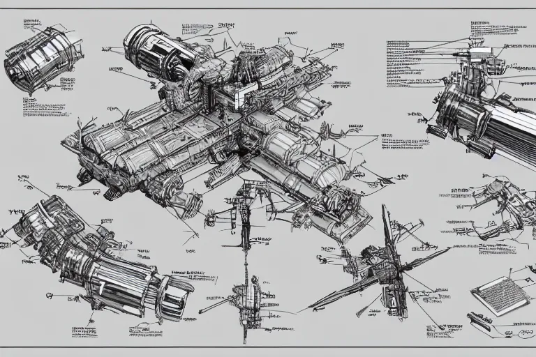 Image similar to aesthetically pleasant technical drawing of an open - source nuclear weapon machinery, hyperdetailed, complex, intricate, exploded view!!, 4 k, trending on artstation