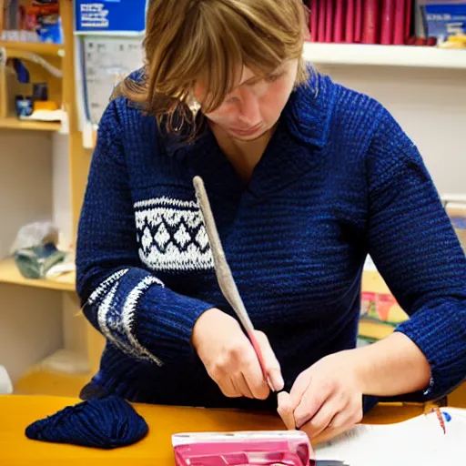 Prompt: female police officer knitting a sweater