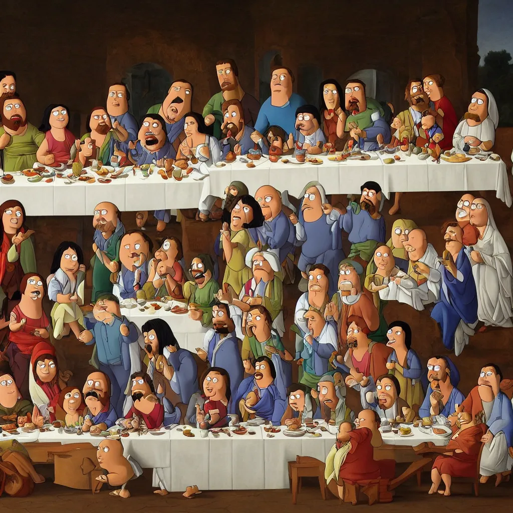 Prompt: the painting of the last supper with family guy characters
