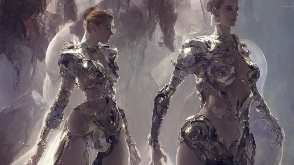 Image similar to modern elegant female cyborg greek goddess, space opera, feminine, powerful, beautiful, upper body, muscular, platinum crystal armour, highly detailed, digital painting, ghibli animated film, volumetric lighting, octane render artstation, concept art, smooth, sharp focus, illustration, by gaston bussiere, mucha, gerome, craig mullins, greg rutkowski, john singer sargent