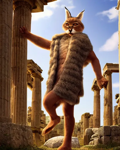 Image similar to fullbody photo of humanoid cute fluffy caracal dressed in toga, sun behind him, ancient greek city, sunny day, by ilya kuvshinov, rtx rendering, octane render 1 2 8 k, maya, extreme high intricate details by tom bagshaw, medium shot, composition by sana takeda, lighting by greg rutkowski