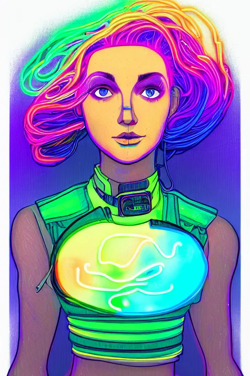 Image similar to a award winning half body portrait of a beautiful woman with stunning eyes in a croptop and cargo pants with hair like rainbow colored smoke by josan gonzales, outlined by whirling illuminated neon lines, outrun, vaporware, shaded flat illustration, digital art, trending on artstation, highly detailed, fine detail, intricate