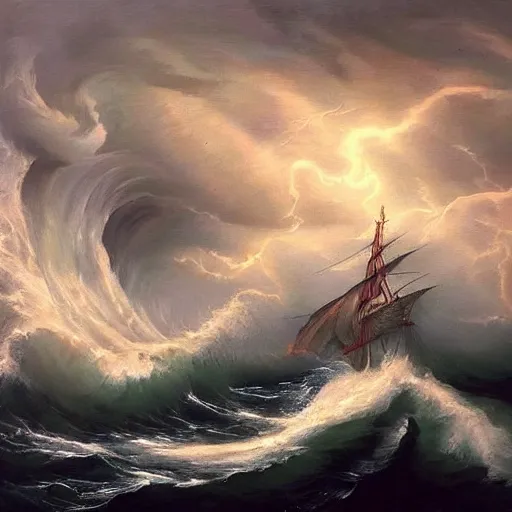 Image similar to sea storm, whirlpool!, epic painting, wooden ship, highly detailed, hd, deep colors, artstation, dark painting