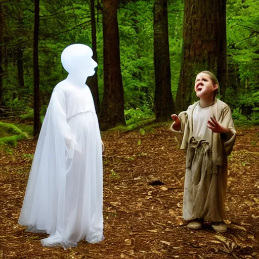 Image similar to a ethereal phantom talking with a kid in the middle of a dark forest