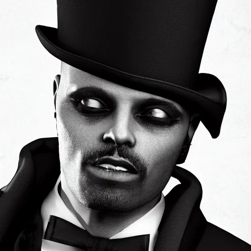 Image similar to a highly detailed portrait of a man in a high top hat covering his face, in a black tailcoat with a yellow waistcoat under the tailcoat, artstation, deviantart, professional, unreal engine 5, photorealistic