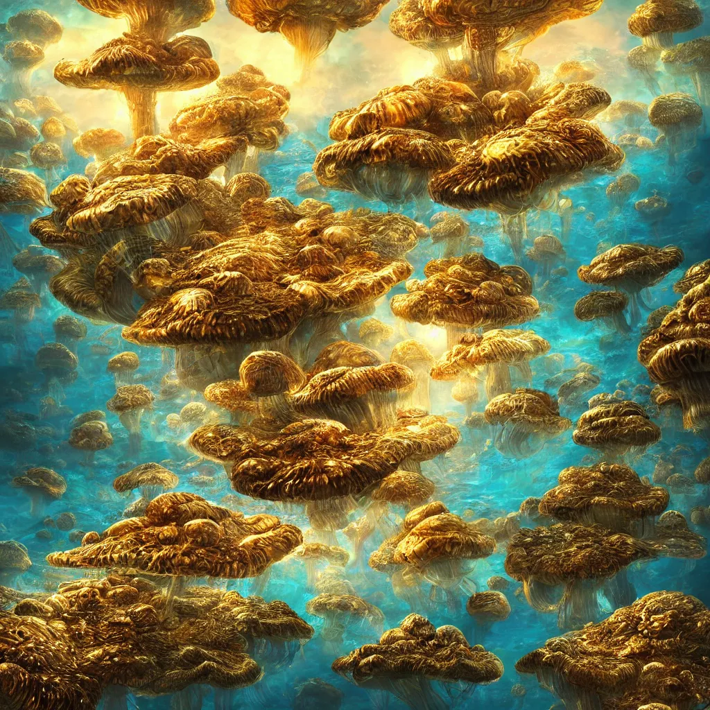 Image similar to mandelbulb gold rising from oceans, high detailed, island, jellyfish environment art, artstation, mushrooms, toad