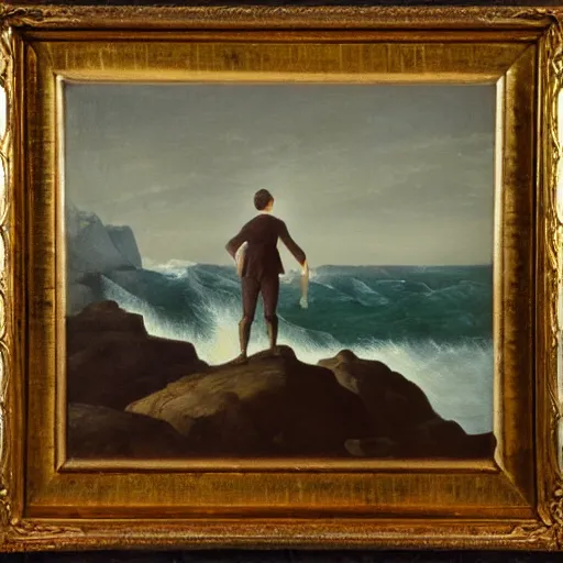 Image similar to painting of a person standing on a rock with waves crashing around by friedrich