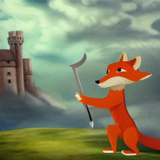 Image similar to anthropomorphic fox!! who is a medieval knight holding a sword towards a stormy thundercloud [ 1 9 3 0 s film still ], castle in the background