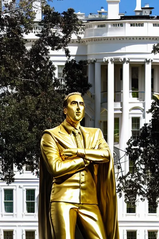 Prompt: A beautiful polished gold statue of Nicholas Cage in front of the White House, photo by Mann