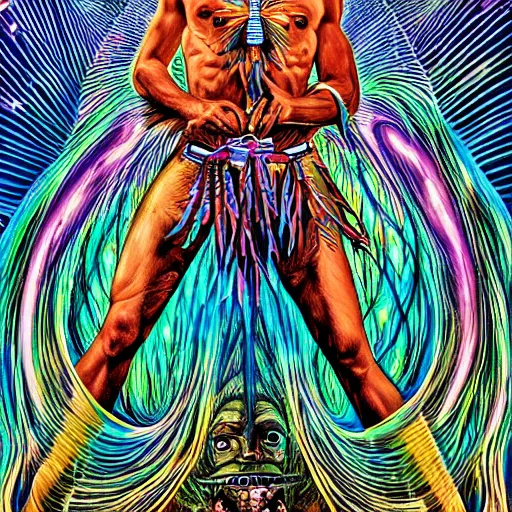 Image similar to amazonian shaman entering a visionary state and traveling in his astral body to hyperspace