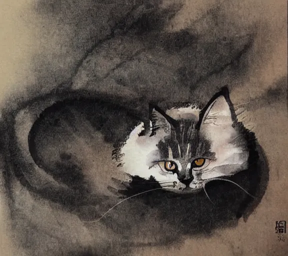 Prompt: ink painting of a cat by george tsui, gu kaizhi, zhan ziqian