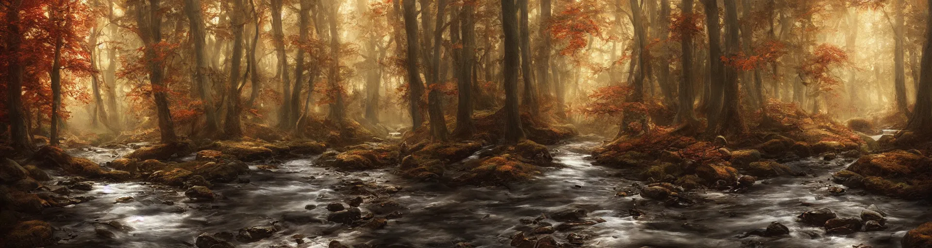 Prompt: stream flowing through autumnal forest, d & d, fantasy, portrait, highly detailed, digital painting, trending on artstation, concept art, sharp focus, illustration, art by artgerm and greg rutkowski and magali villeneuve