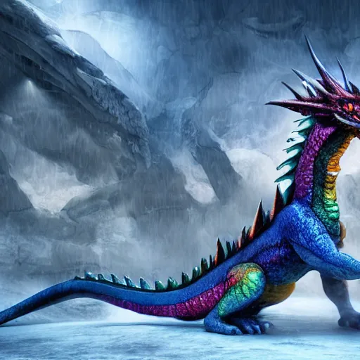 Image similar to rainbow dragon in ice city, realistic artstyle, wide shot, dramatic lighting, octane render, hyperrealistic, high quality, highly detailed, HD, beautiful, cinematic, 8k, unreal engine, facial accuracy, symmetrical, artistic