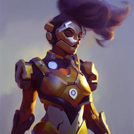 Image similar to greg manchess portrait painting of a female ironman as overwatch character, medium shot, asymmetrical, profile picture, organic painting, sunny day, matte painting, bold shapes, hard edges, street art, trending on artstation, by huang guangjian, gil elvgren, ruan jia, greg rutkowski, gaston bussiere