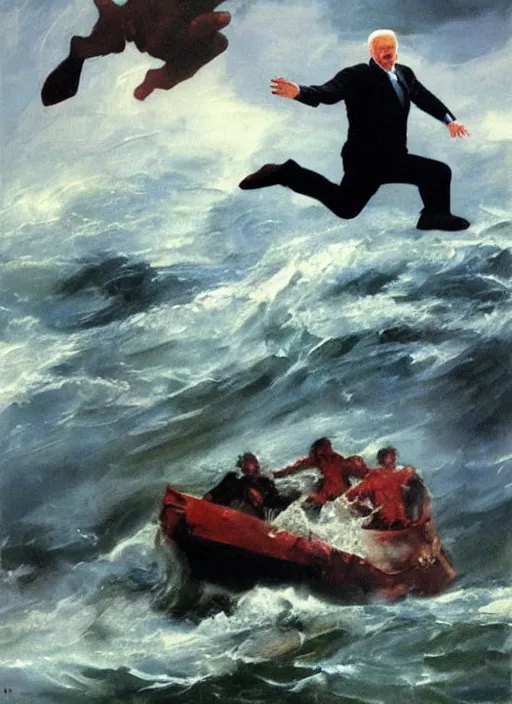 Prompt: joe biden jumping off of ship, drowning, propaganda art, water crashing, water rushing lungs, fear!!!!!! scary, painting by phil hale, fransico goya,'action lines '!!!, graphic style, visible brushstrokes, motion blur, blurry, visible paint texture, crisp hd image