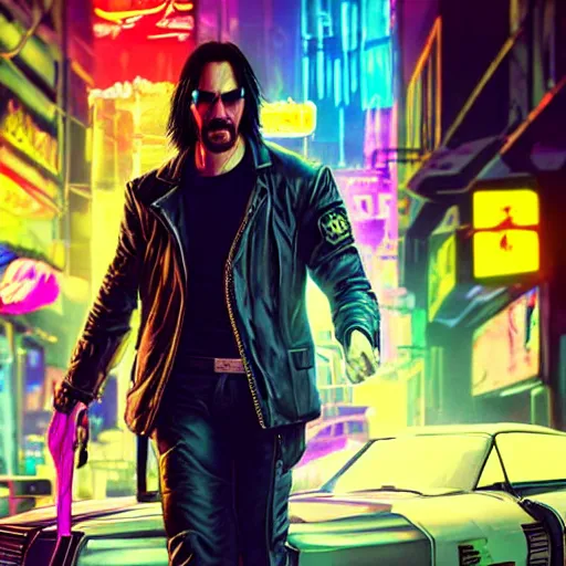 Image similar to Keanu Reeves on neon street in Cyberpunk 2077 Game, synthwave, artstation art, night, professional light