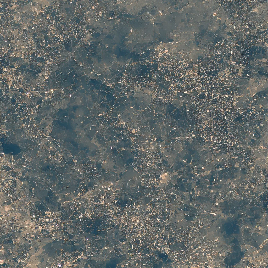 Image similar to a very polluted landscape seen by sentinel or landsat satellite during the night with very high lights and urban sediment, photorealistic, high resolution, best quality