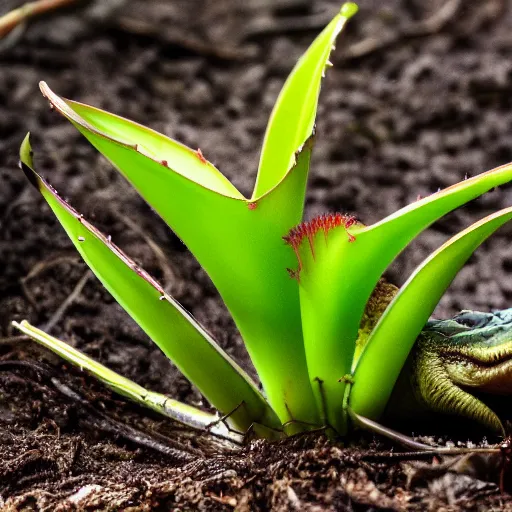 Image similar to a carnivorous plant with alligator jaw and teeth, photo of a plant growing showing its roots underground, plant photography