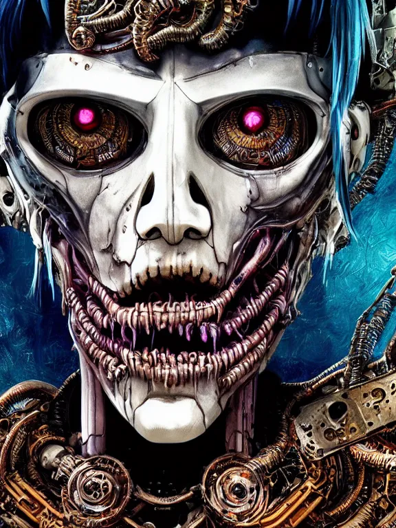 Image similar to portrait art of 8k ultra realistic undead eldritch horror ghost in the shell , detailed intricate ornate armour,decaying, cybernetic, full of colour, cinematic lighting, battered, trending on artstation, 4k, hyperrealistic, focused, extreme details,unreal engine 5, cinematic, masterpiece, art by ayami kojima, giger