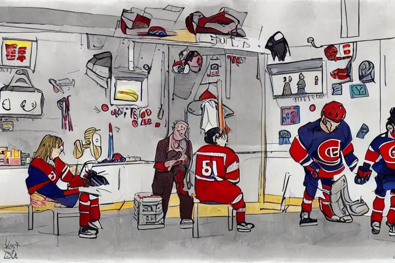 Image similar to habs hockey dressing room, style of studio ghibli + moebius + basquiat, cute,