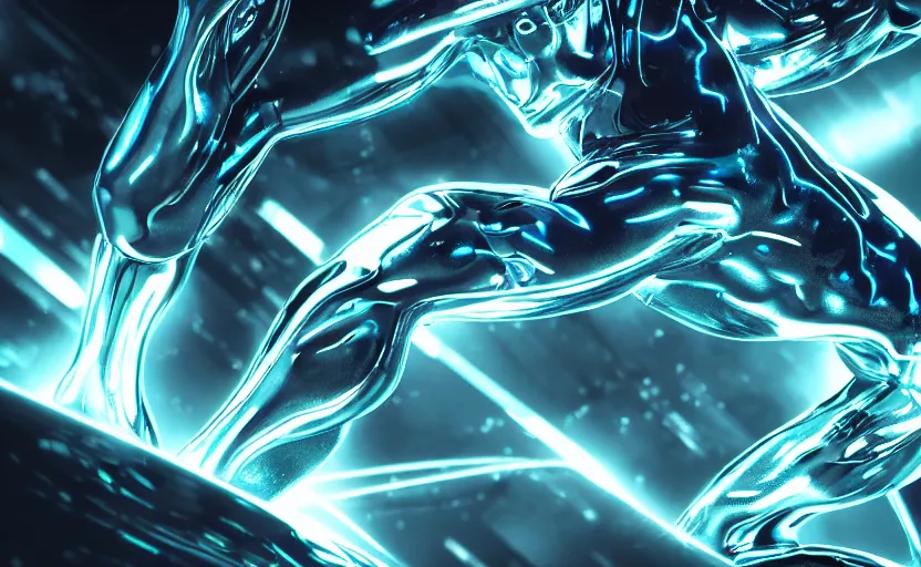 Prompt: silver surfer by bill sienkiewicz, stellar, macro up view metallic, tron, close up bokeh hiperrealistic neon glow darkness dramatic neon, sharp focus, octane render, imax