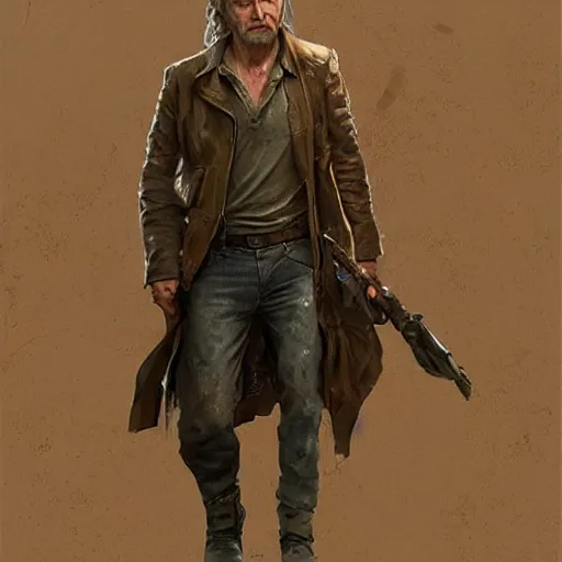 Prompt: a highly detailed epic cinematic concept art CG render digital painting artwork costume design: Harrison Ford/Ryan Gosling, old scars, long hair, grizzled, tired and drunk, in an old 1950s leather jacket. By Greg Rutkowski, Ilya Kuvshinov, WLOP, Stanley Artgerm Lau, Ruan Jia and Fenghua Zhong, trending on ArtStation, made in Maya, Blender and Photoshop, octane render, excellent composition, cinematic atmosphere, dynamic dramatic cinematic lighting, aesthetic, very inspirational, arthouse