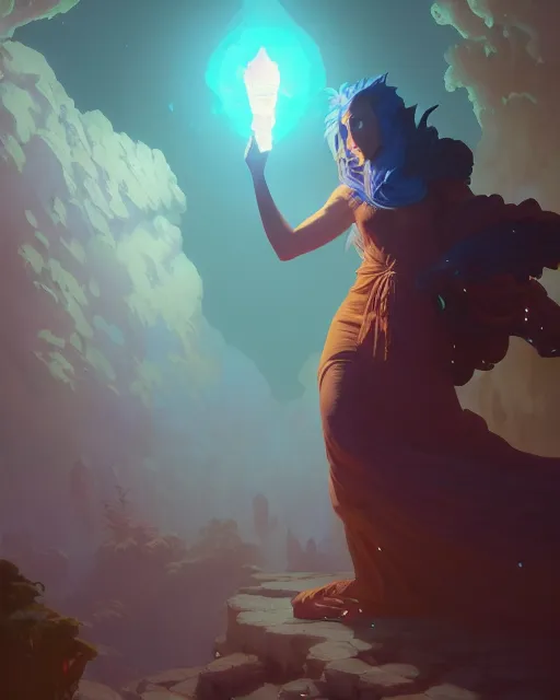 Image similar to highly detailed vfx portrait of a mage casting an earth spell, unreal engine, greg rutkowski, loish, rhads, beeple, makoto shinkai and lois van baarle, ilya kuvshinov, rossdraws, tom bagshaw, alphonse mucha, global illumination, detailed and intricate environment