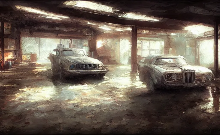 Prompt: an old garage interior, painting by Craig Mullins, octane rendering, soft lighting, wide angle lens, low view, in the style of Hayao Miyazaki, trending on artstation,