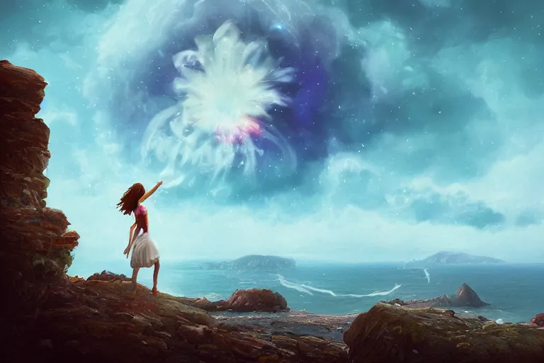 Prompt: giant white daisy flower over head, girl standing on rocky cliff, surreal photography, super nova, milky way, dramatic light, impressionist painting, colorful clouds, digital painting, artstation, simon stalenhag