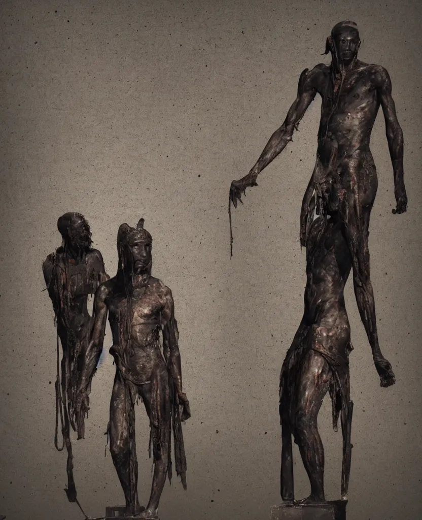 Image similar to an unholy black bronze sculpture standing in the center of a dimly lit and foggy ancient egyptian temple and abattoir, worshipped by skinless red-robed acolytes, art by Nicola Samori, artstation, realistic, academic light,