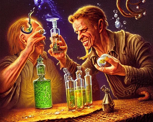 Image similar to A richly detailed fantasy digital art of an ancient vintage apothecary magic arcane nebula healing elixir potion bottle trading card an esoteric blender render by Bob Eggleton, two jolly wizards enthusiastically drinking and imbibing magic potions