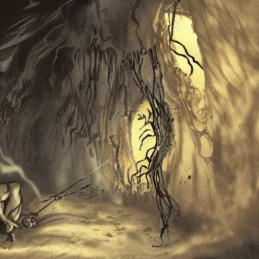 Prompt: a deep cave with a spider waiting in the shadows. fantasy. atmospheric. scaring. very detailed.