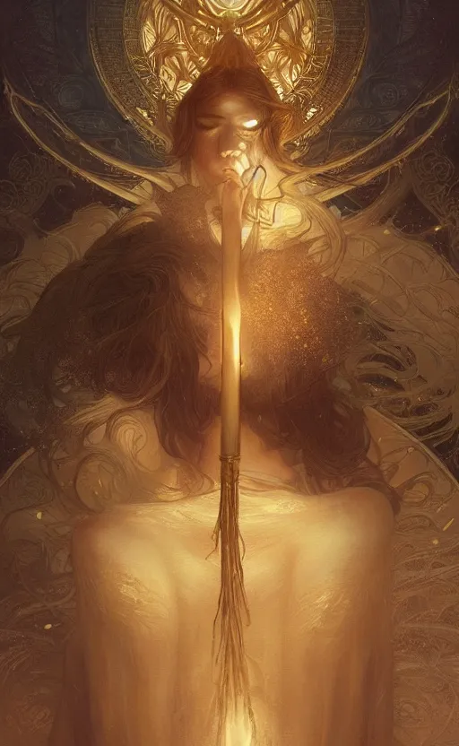 Image similar to loneliness, masterpiece close to a candle in dark room, cinematic, powerful, moon beams dramatic light, highly, intricate gold elements, hollow souls, detailed, digital painting, artstation, concept art, sharp focus, illustration, art by artgerm and greg rutkowski and alphonse mucha