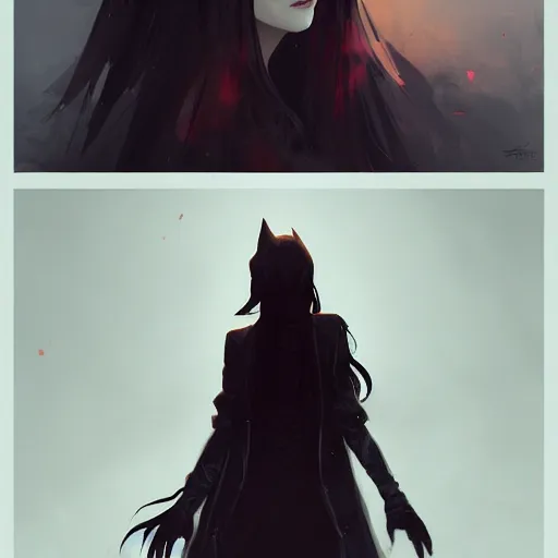 Image similar to female human vampire witch in the style of greg rutkowski, makoto shinkai, trending on artstation, character design, concept art, pretty face, highly detailed, long black hair, portrait, digital art