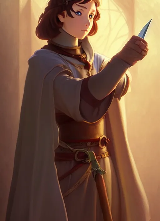 Image similar to cute medieval spymaster holding knife, natural lighting, path traced, highly detailed, high quality, digital painting, by don bluth and ross tran and studio ghibli and alphonse mucha, artgerm